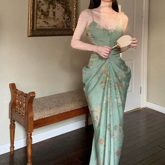Modern Chinese Vintage Green Spaghetti Gown Dress