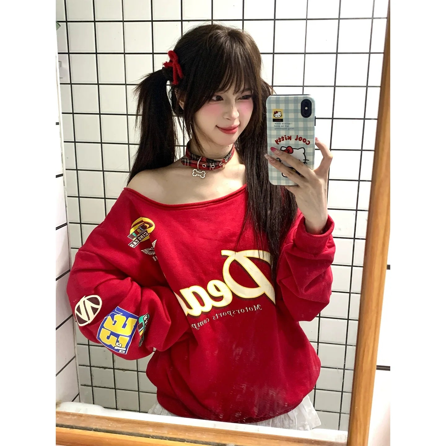 American Red Slanted Shoulder Hoodie Autumn Retro Letter Print Loose Fit Spicy Girl Top