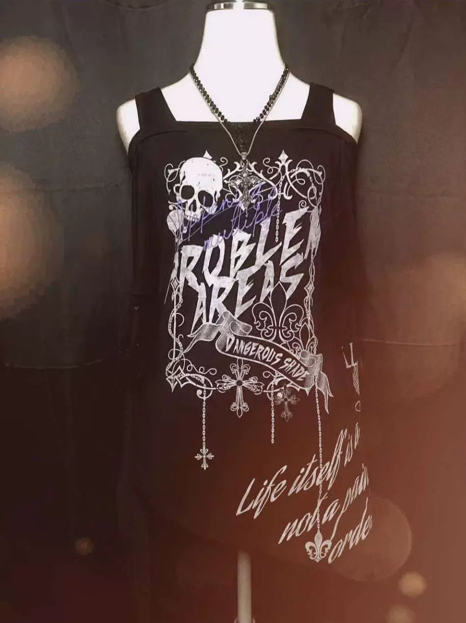 Black Gothic Skull Print Cropped Sleeve Y2K T-Shirt