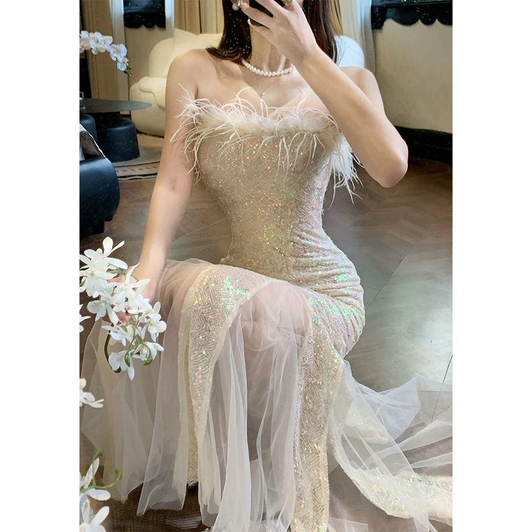 Feather Mermaid Strapless Waist Gown Dress