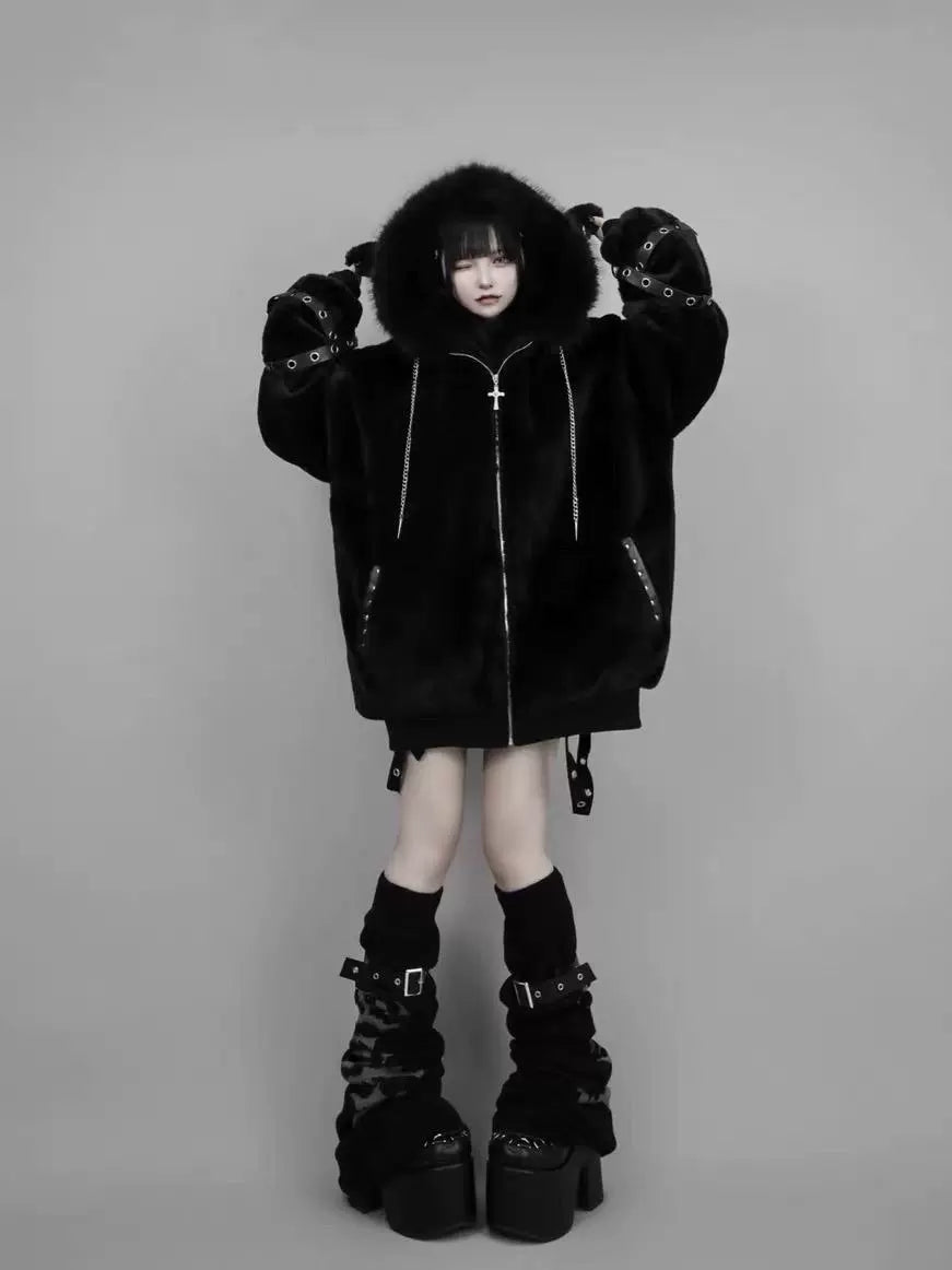 Black Subculture Dark Punk Y2K E-girl Lamb Ear Fleece Hooded Jacket