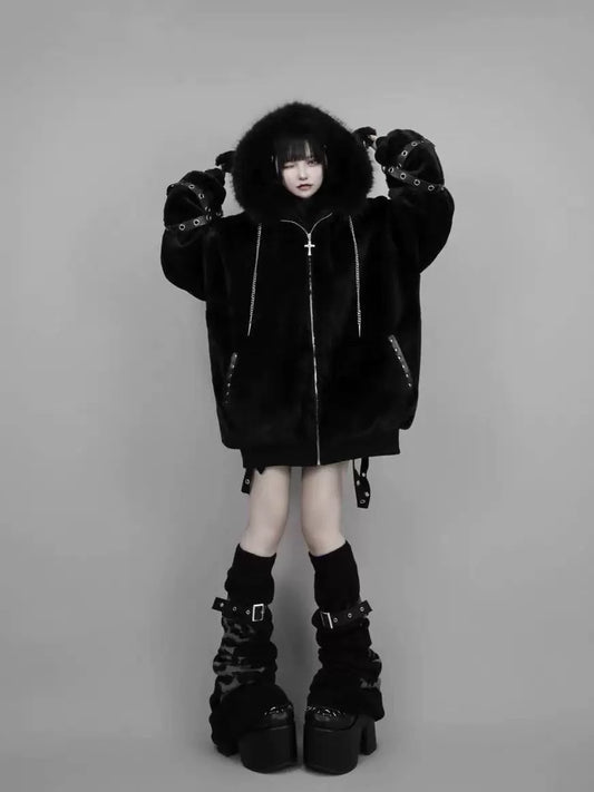 Black Subculture Dark Punk Y2K E-girl Lamb Ear Fleece Hooded Jacket