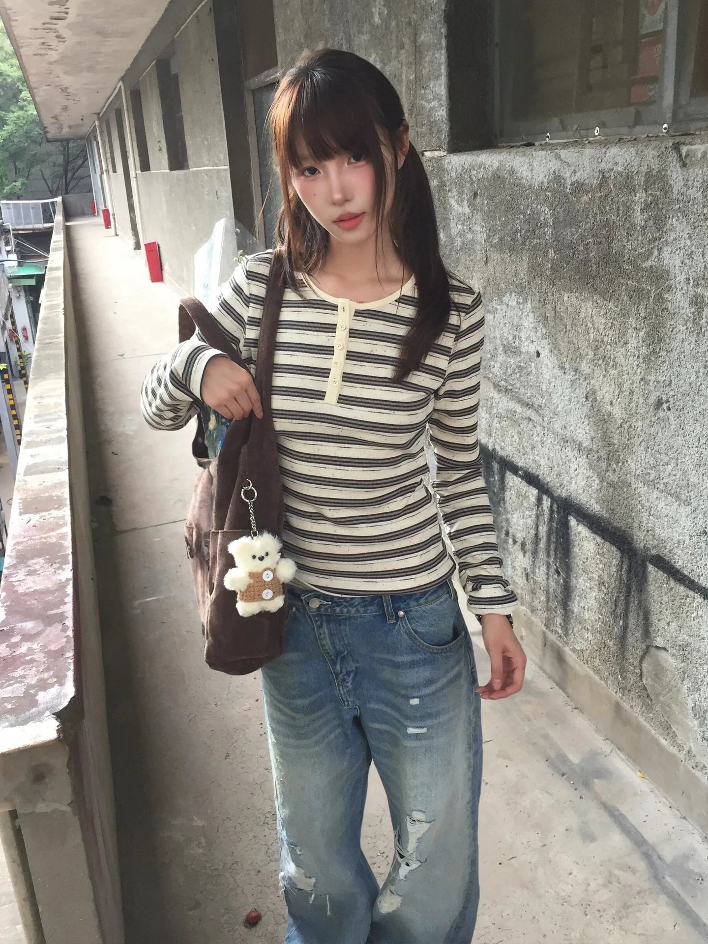 American Retro Striped Knit Long Sleeve Tee Autumn Color-Dot Slim Base Layer