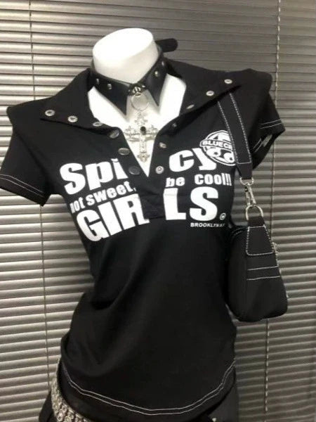 Black Gothic Letter Print Tee Y2K Top