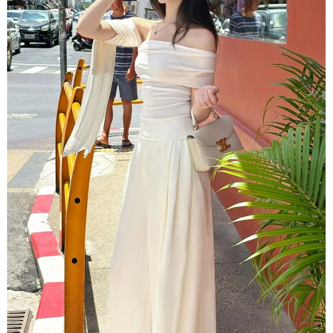 One-Shoulder Strapless Acetate Top and Satin Wide-Leg Pant Set