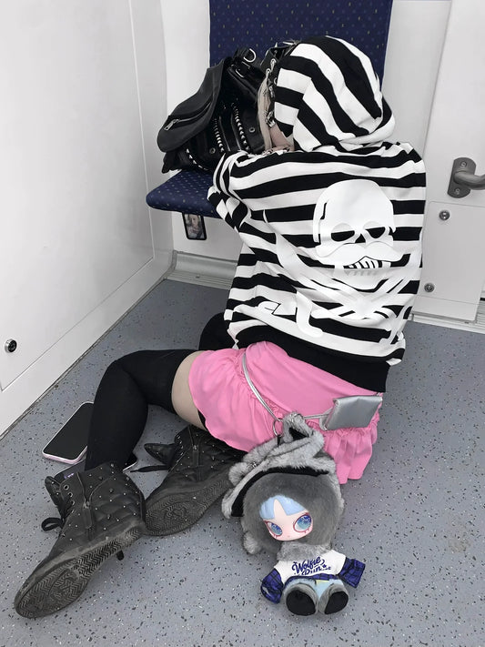 Y2K Black and White Stripe Skull Print Zip Up Hoodie