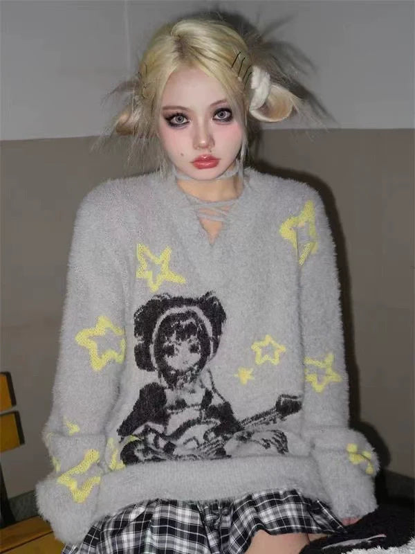 Light Gray Y2K Punk Faux Mink Jacquard V-Neck Sweater