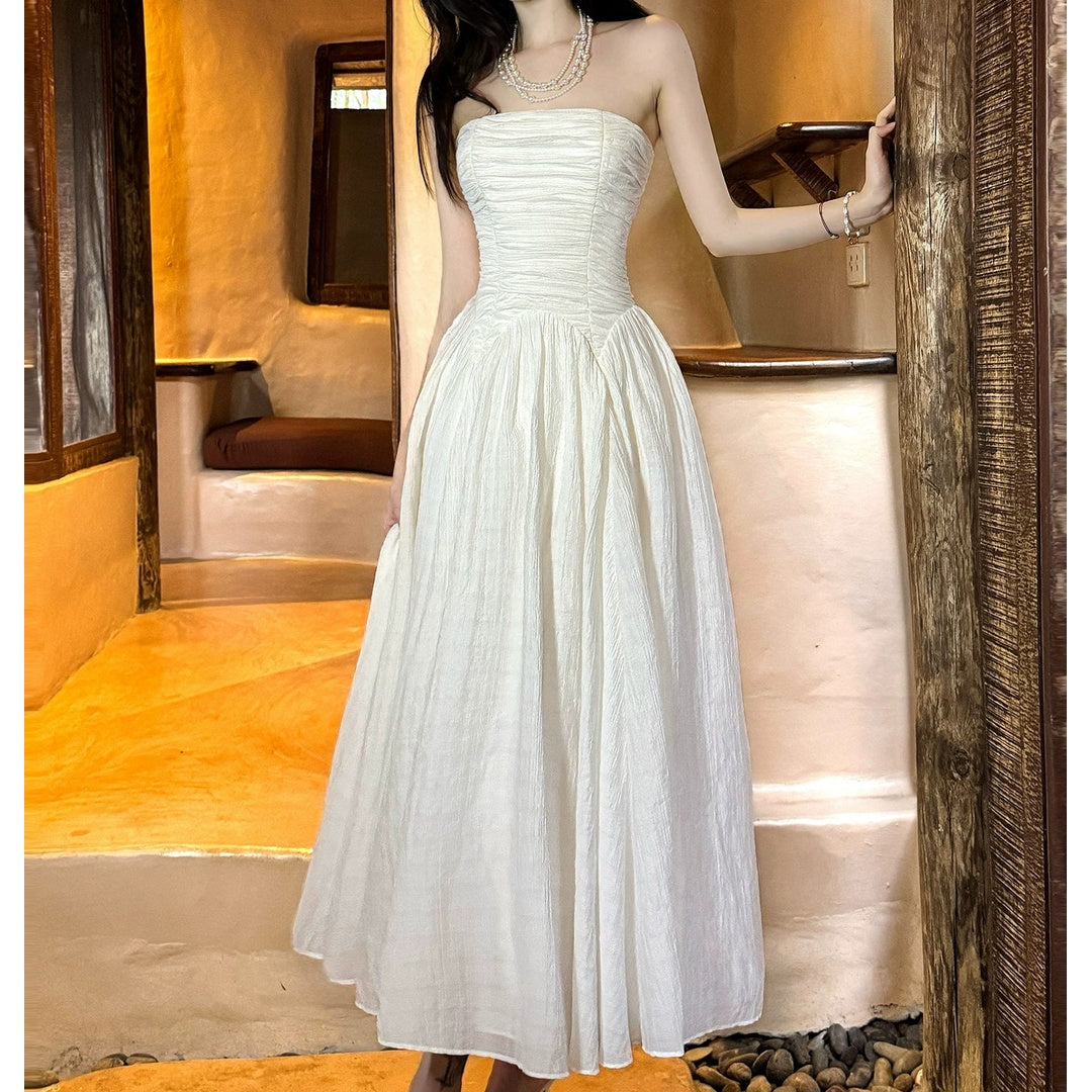 French White Bustier One-Shoulder Gown Dress