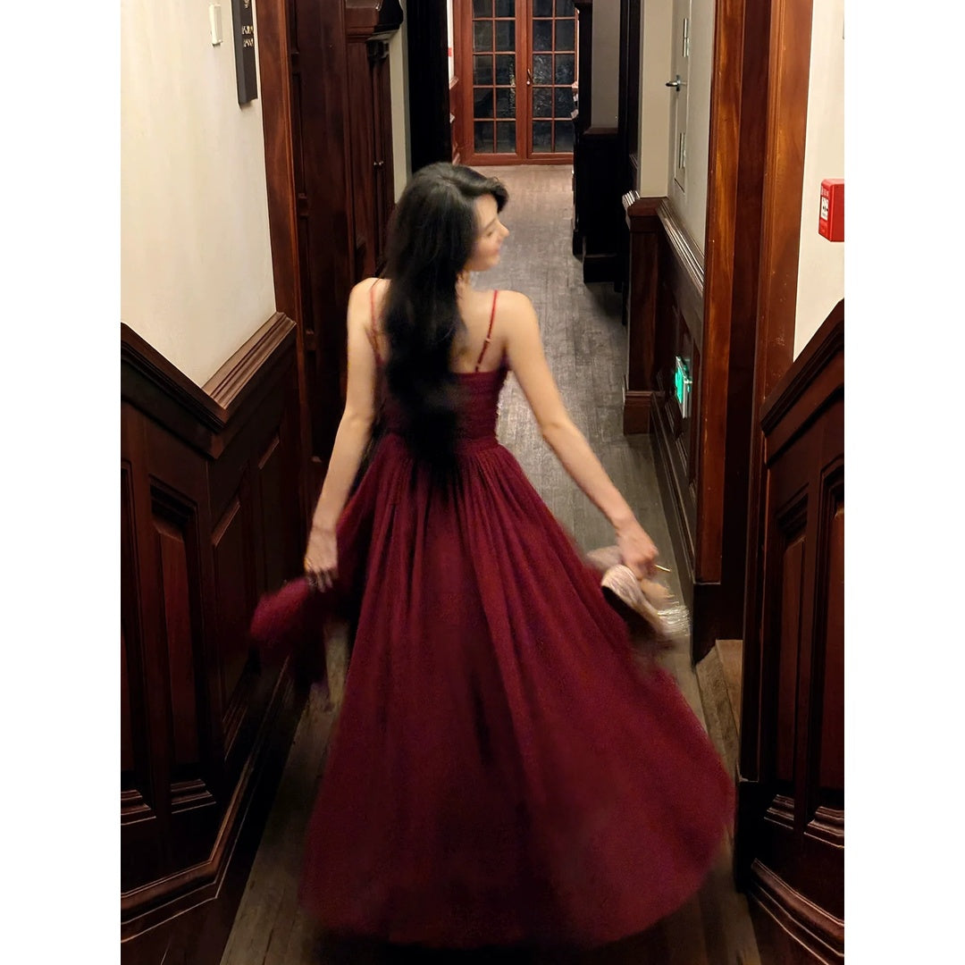 French Ballet Red Mesh Spaghetti Strap Gown Dress