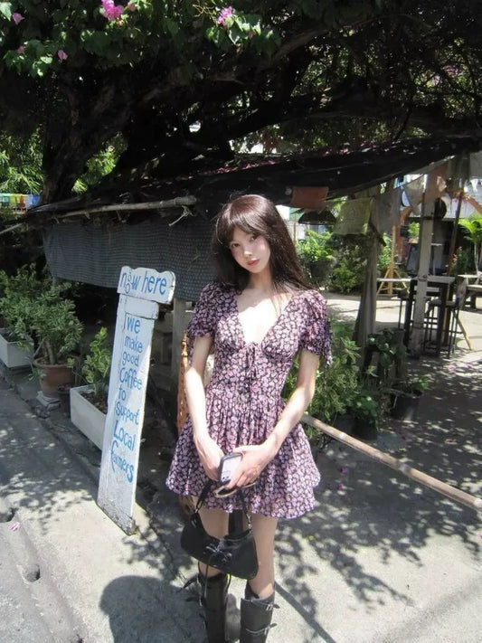 Purple Floral V-Neck Smocked Bubble-Sleeve Mini Dress