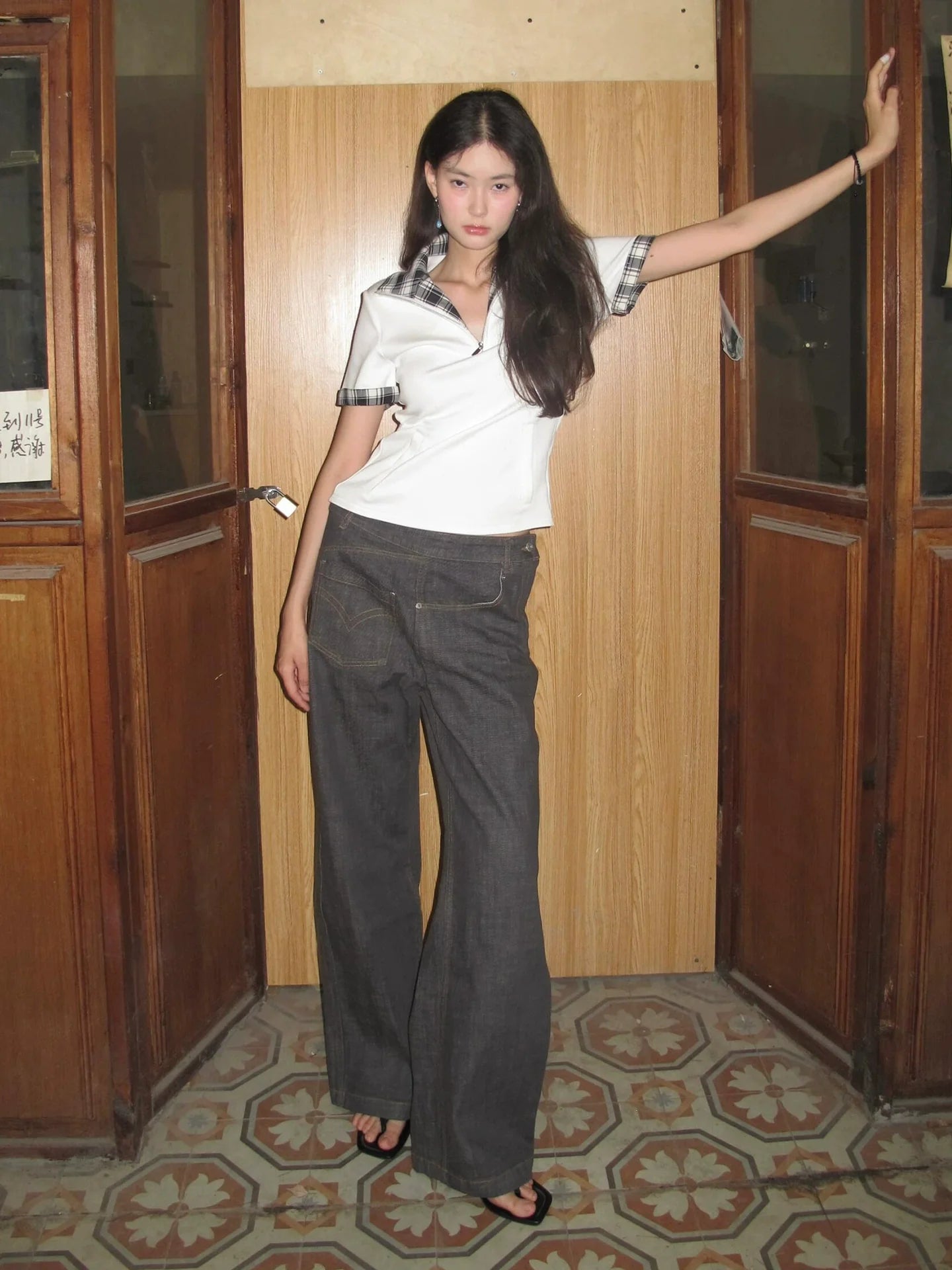 American White Stand Collar Polo Tee Summer Checkered Patchwork Short Sleeve Top