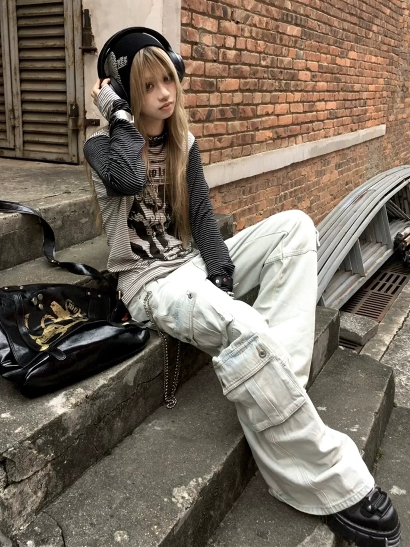 Y2K Subculture Striped Long Sleeve Tee Character Print Visual Kei Top