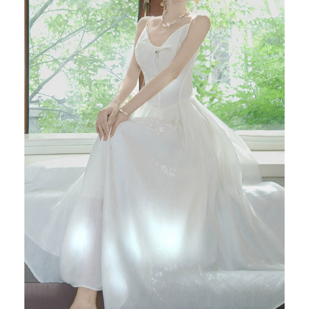 French White Floral Chiffon Halter Gown Dress