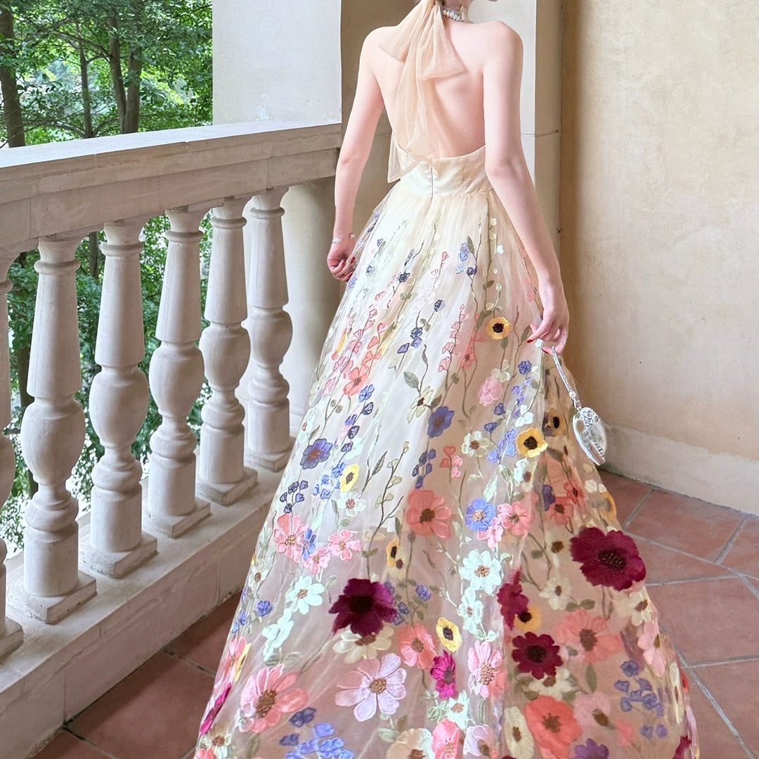 French Embroidered Halter Floral Gown Dress