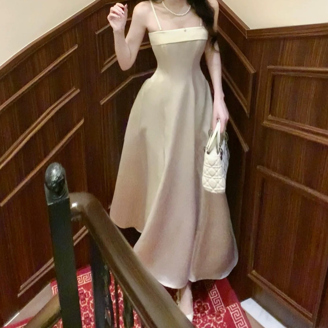 French White Spaghetti Strap Satin Bustier Waist Gown Dress