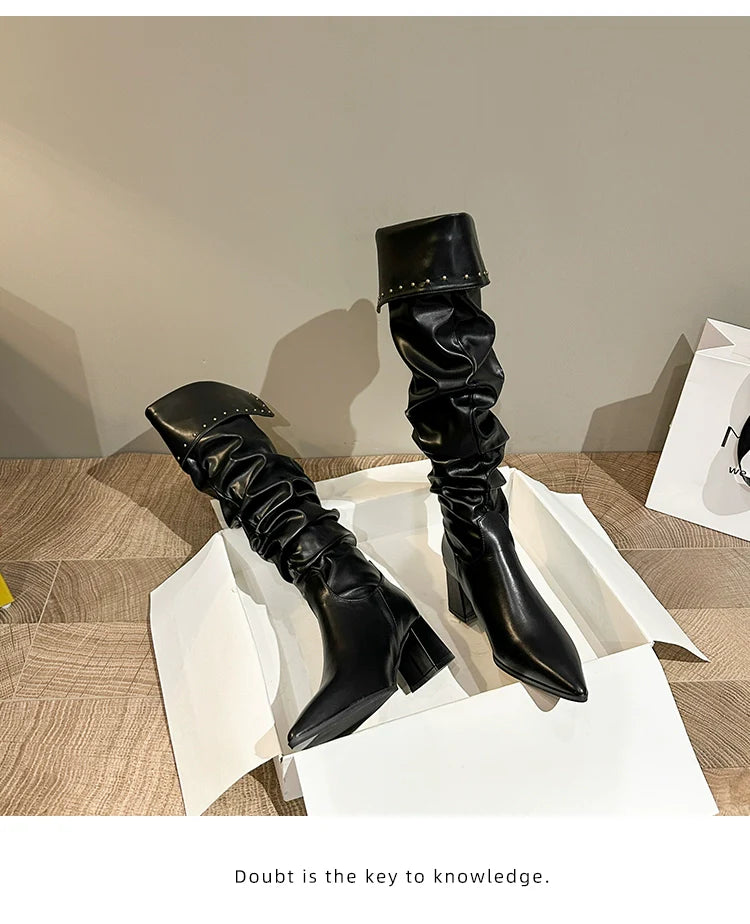 Minimalist Pointed Toe Slouchy Knee High Boots Women New Spicy Girl Chunky Heel Slouchy Over The Knee Slimming Knee High Boots