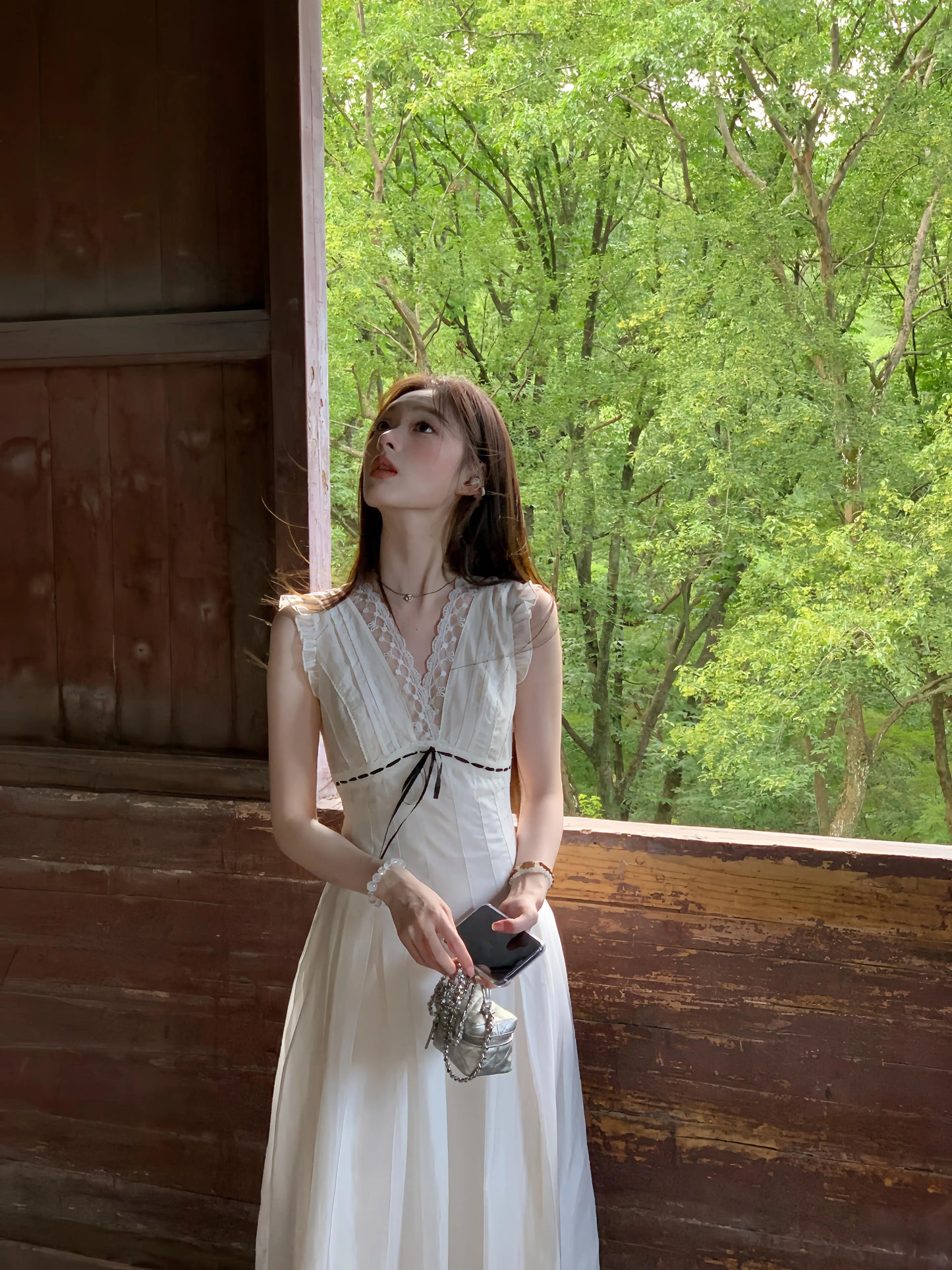 Handcrafted Lace-Paneled V-Neck Sleeveless Tencel Maxi Dress