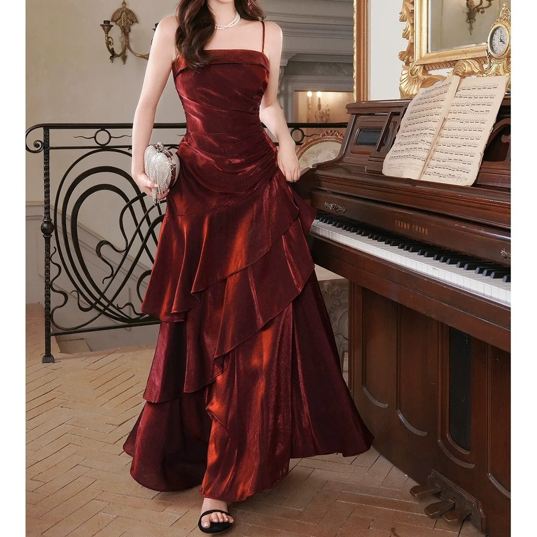 French Red Spaghetti Strap Adult Gown Dress