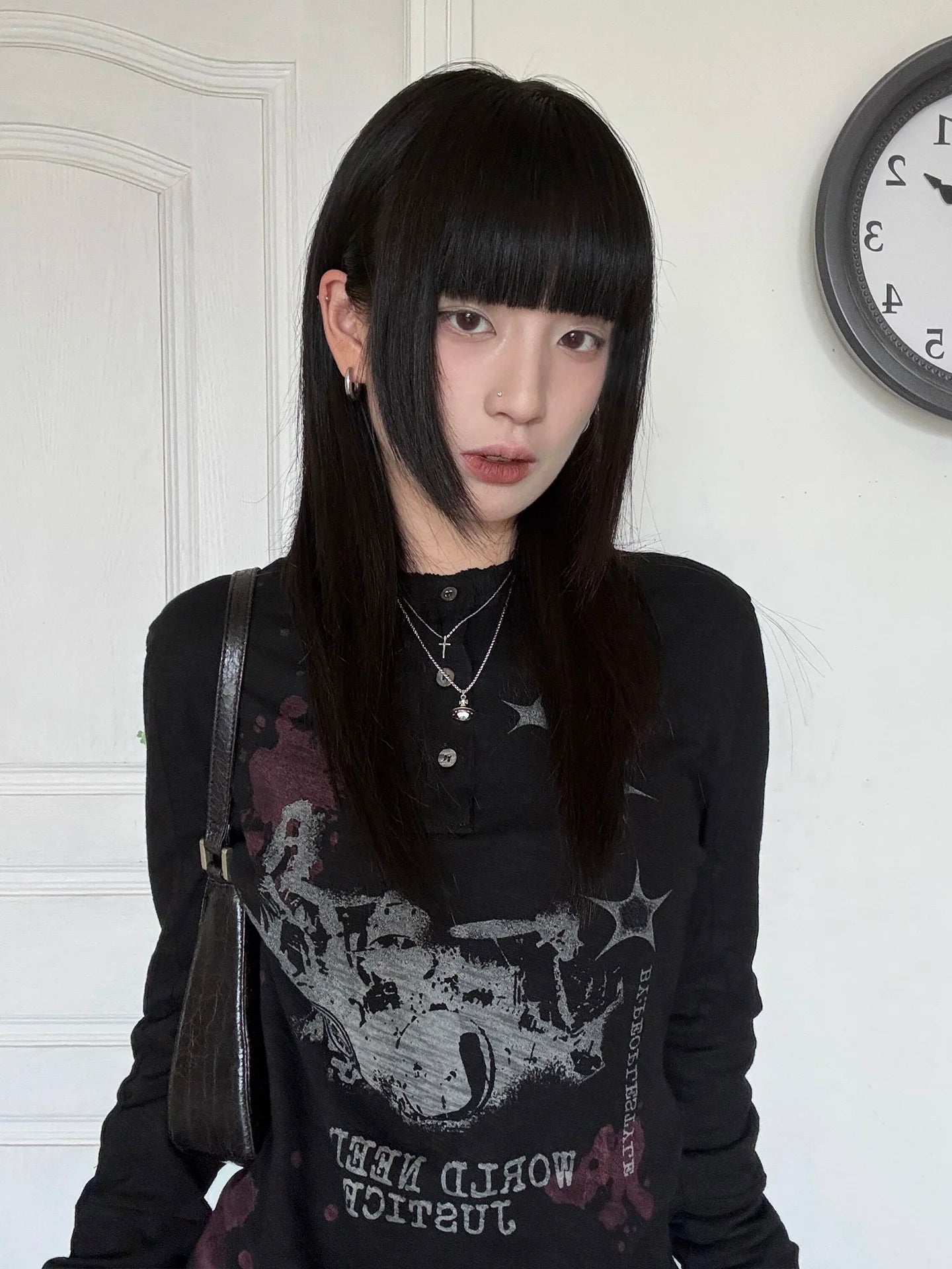 Visual Kei Black Henley Long Sleeve Tee Autumn Vintage Base Top Y2K Streetwear
