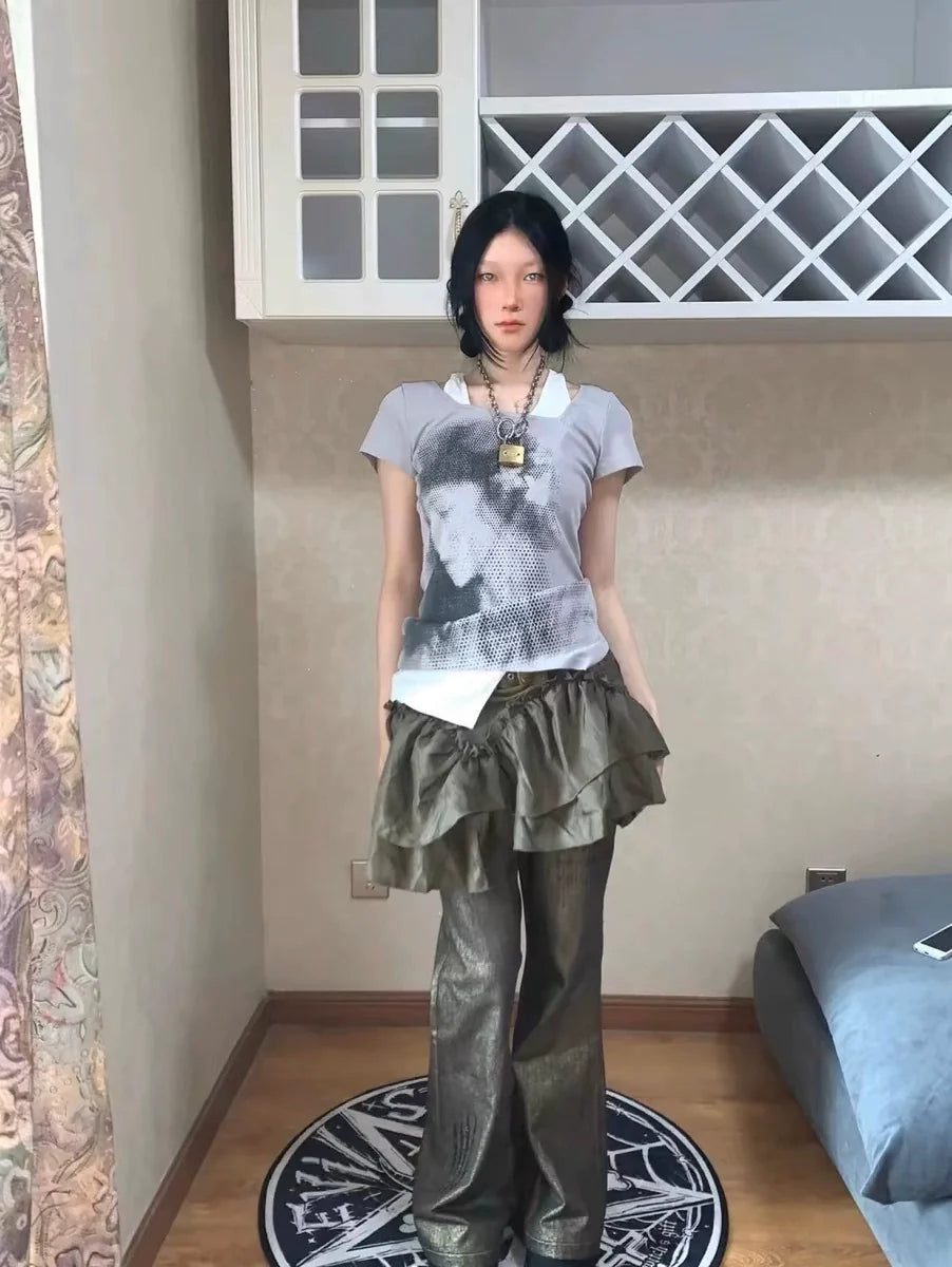 Portrait Print Punk Y2K E-girl Retro Fake Two-Piece Slim-Fit Short Sleeve Top