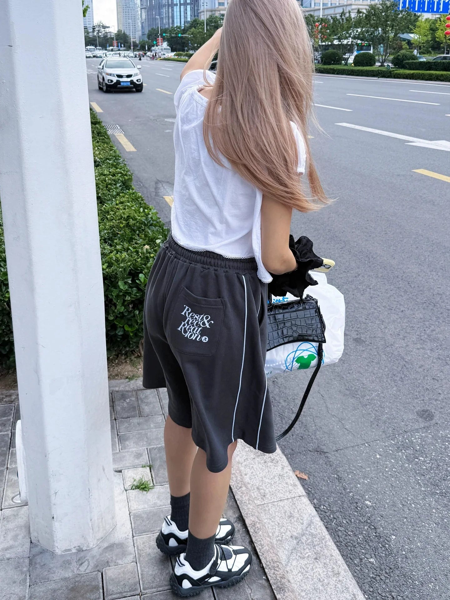 American Vintage Gray Sport Shorts Letter Print Relaxed Fit