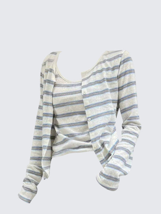 Korean Striped Knit Cardigan & Tank Set