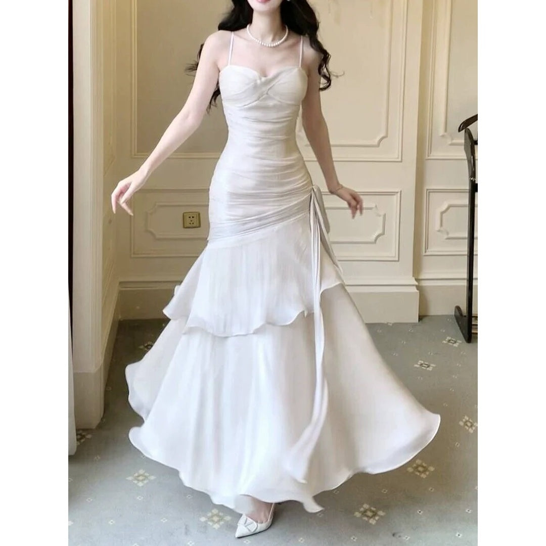 Glass Satin Ruffle Spaghetti Strap Gown Dress