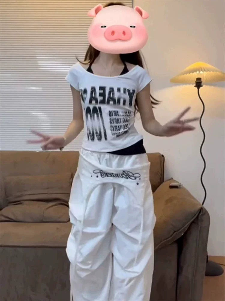 White American Vintage Fake Two-Piece Off-Shoulder Halter Y2K T-Shirt