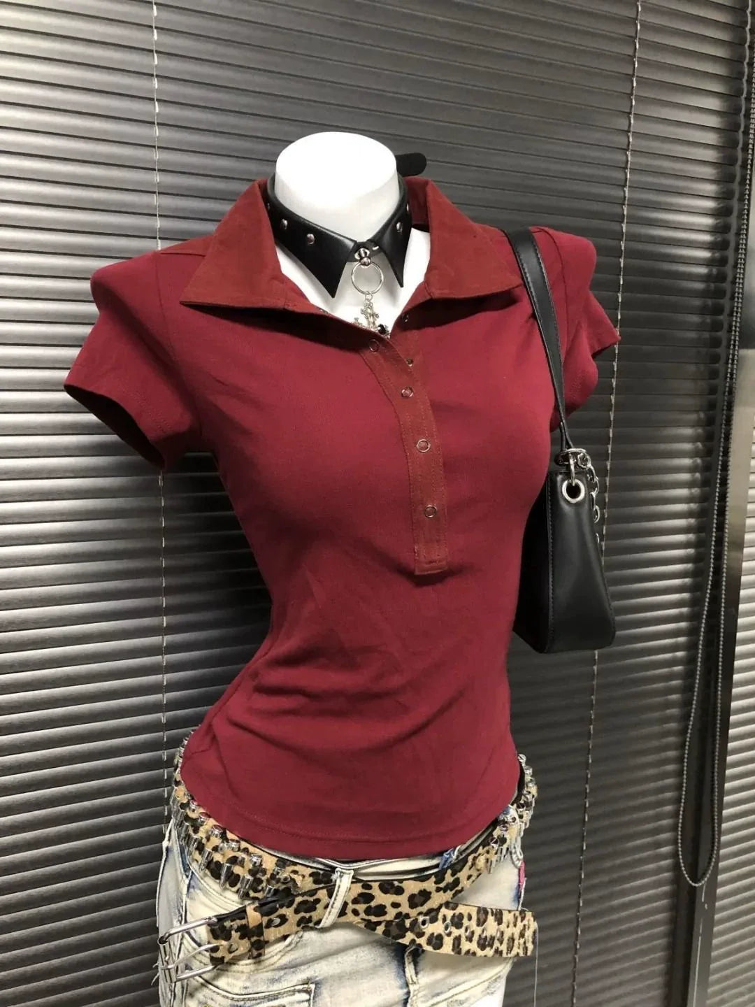 Burgundy Subculture Y2K E-girl Abi American Retro Polo-Collar Regular-Shoulder Waist-Cinched Short Sleeve Top