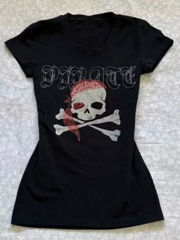 Black Rock Punk Vintage Skull Print Y2K T-Shirt