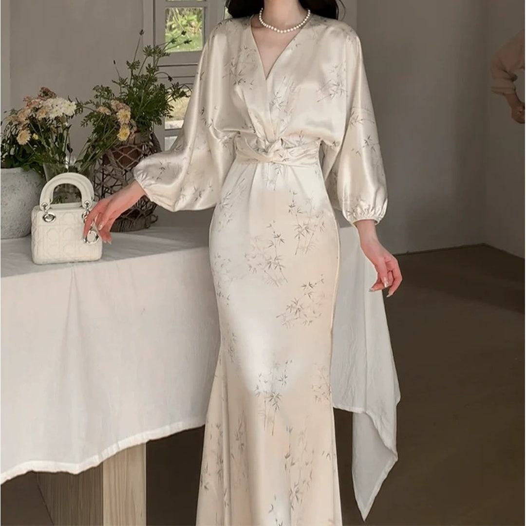 New Chinese Style Long Sleeve White Satin Gown Dress – National Elegant Dress