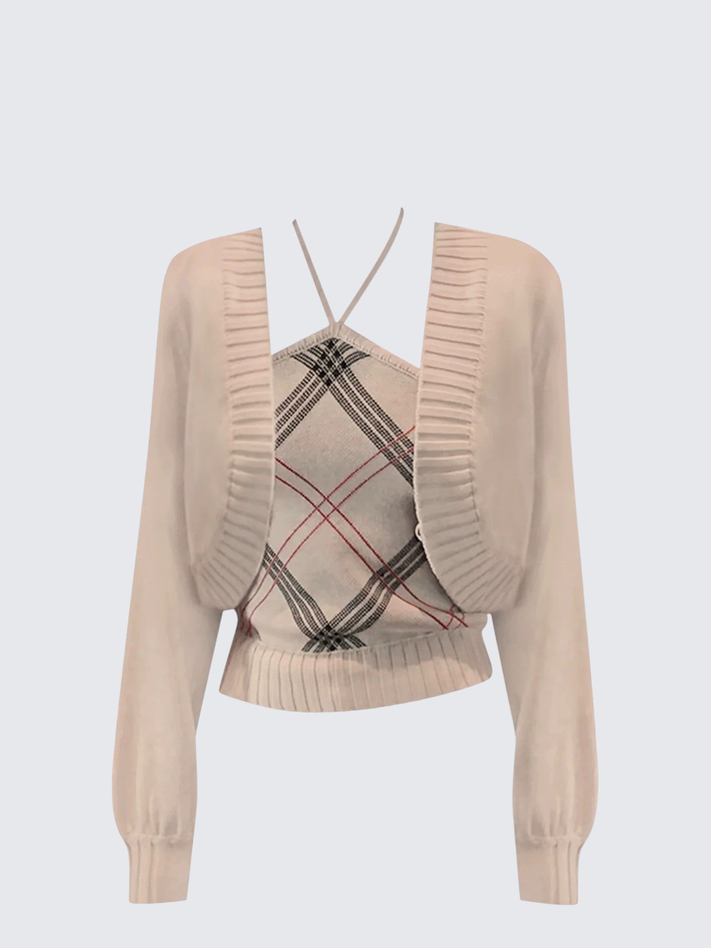 American Plaid Knit Halter Cardigan Set