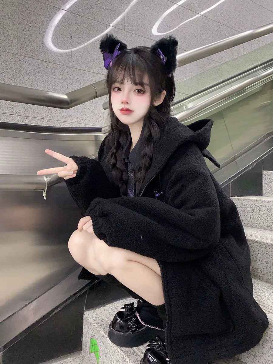 Black Y2K Japanese Anime Cat-Ear Hooded Faux Lamb Puffer Jacket