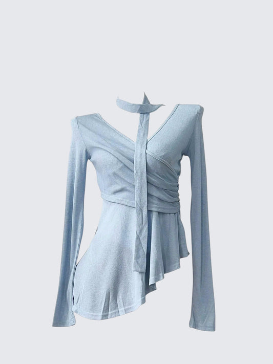 French Asymmetrical V-Neck Tie Top