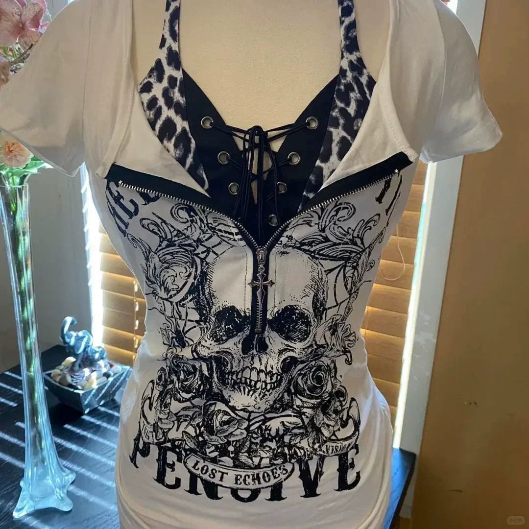 Skull Leopard Patchwork Y2K T-Shirt