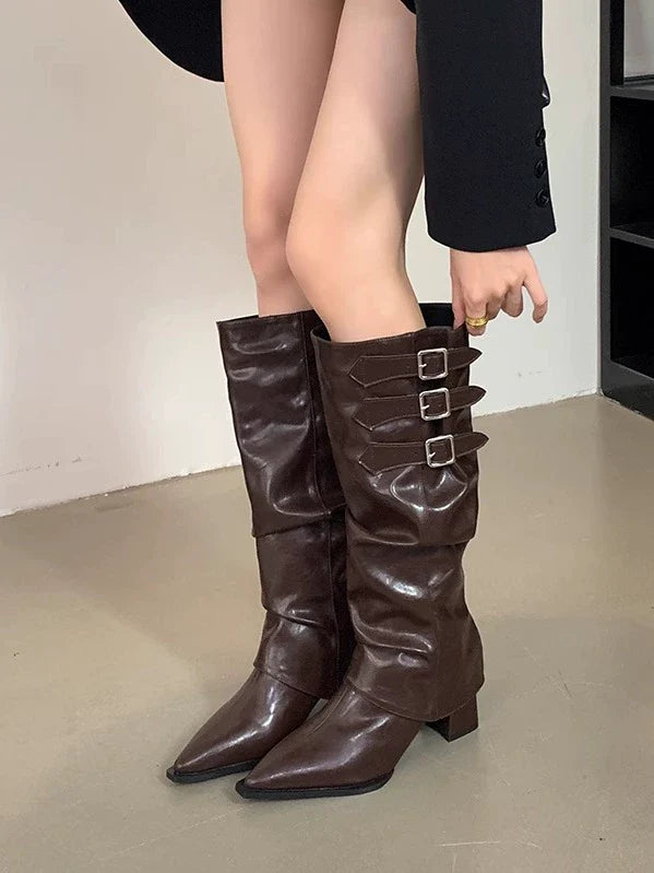 Pointed Toe Two Way High Heel Knee High Boots 2025 Fall Winter New Spicy Girl Vibe Slouchy Ruffled Chunky Heel Cowboy Boots