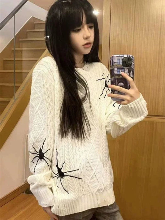 Y2K Punk Spider Embroidered Distressed Sweater