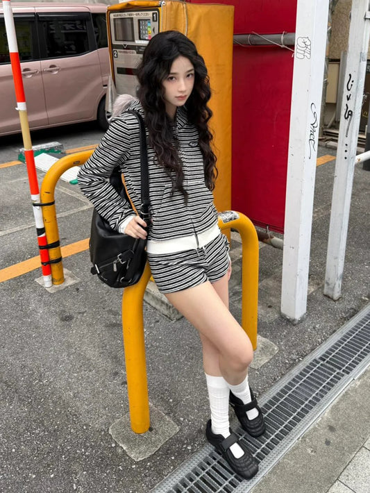 Striped Fur Collar Zip Up Hoodie Slim Fit Streetwear Top