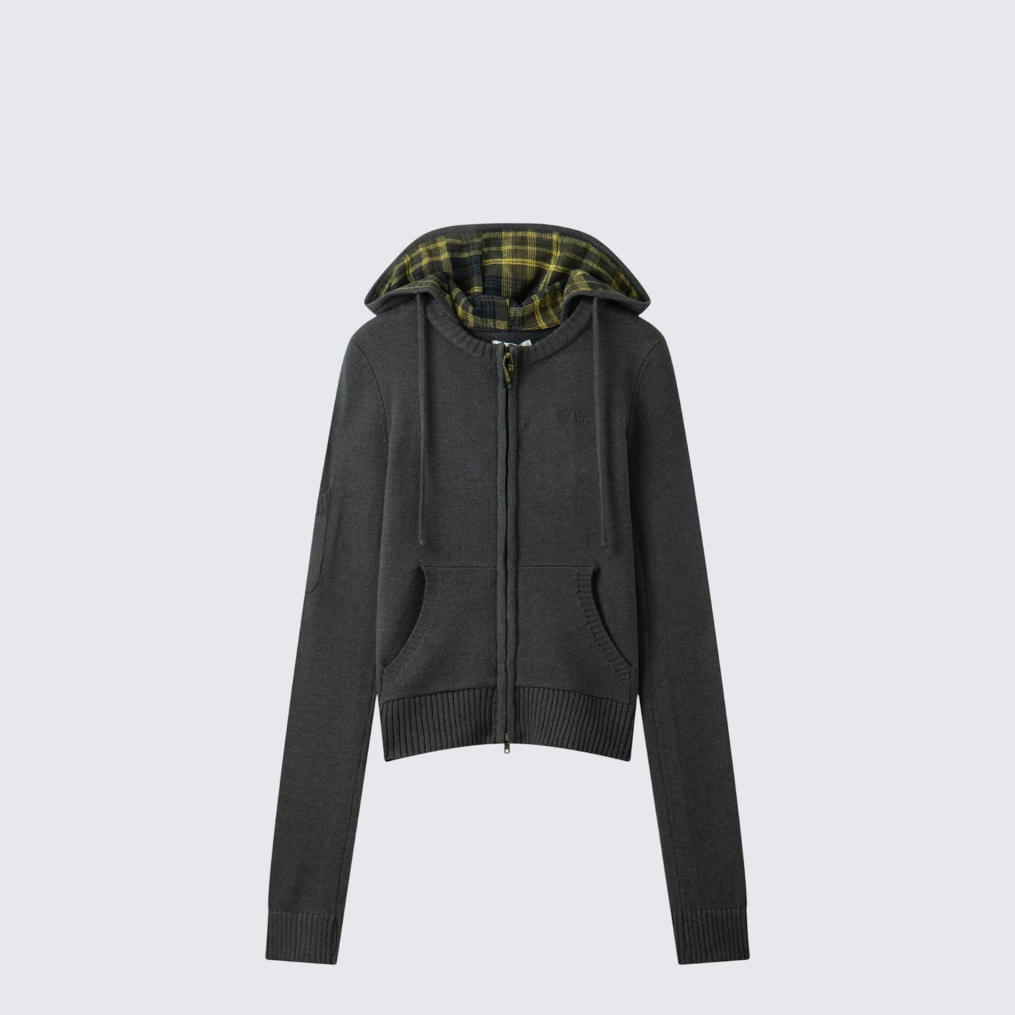 Retro Checkered Zip Hooded Knit Cardigan