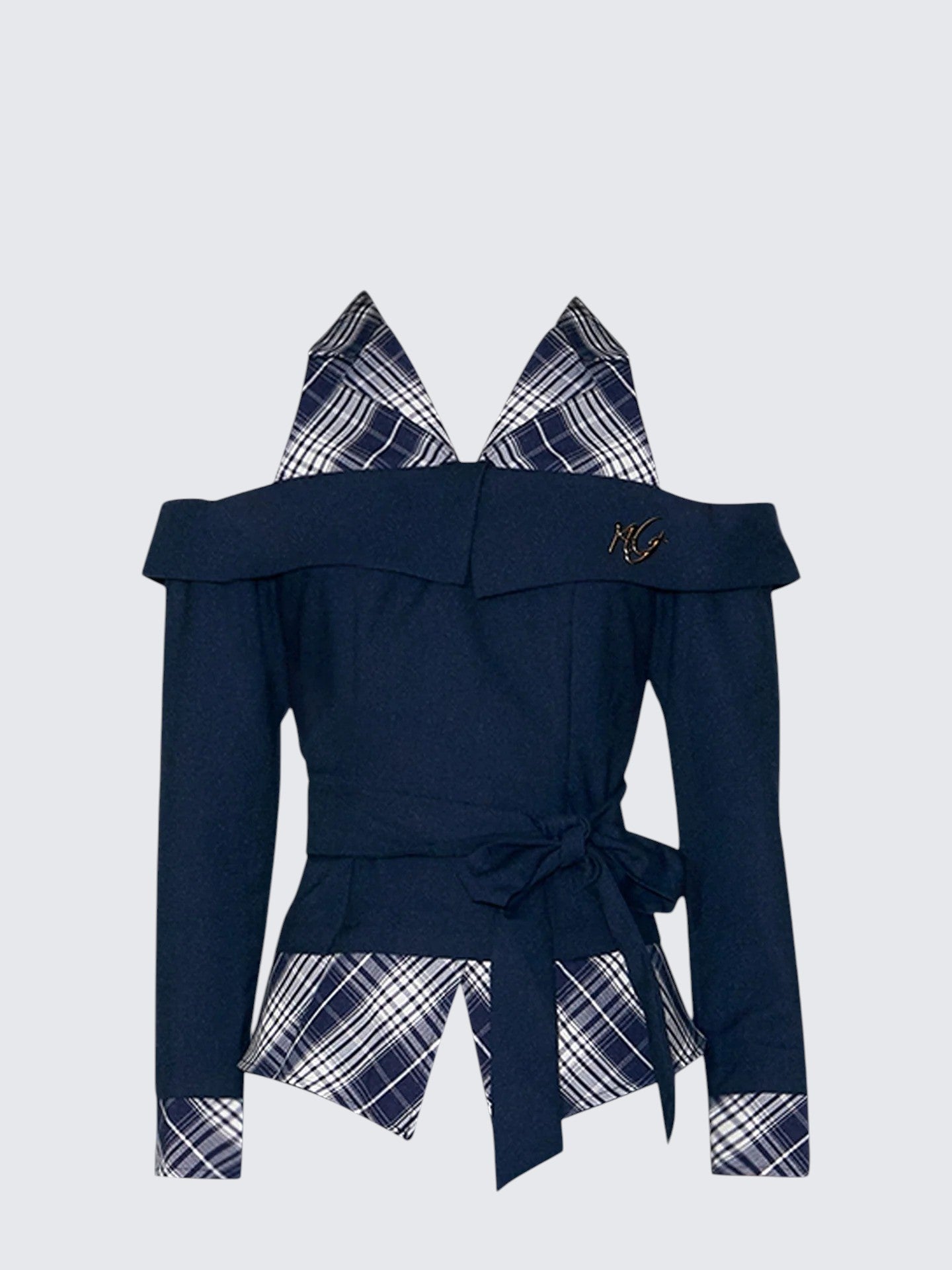 American Off Shoulder Plaid Fake Two Piece Shirt