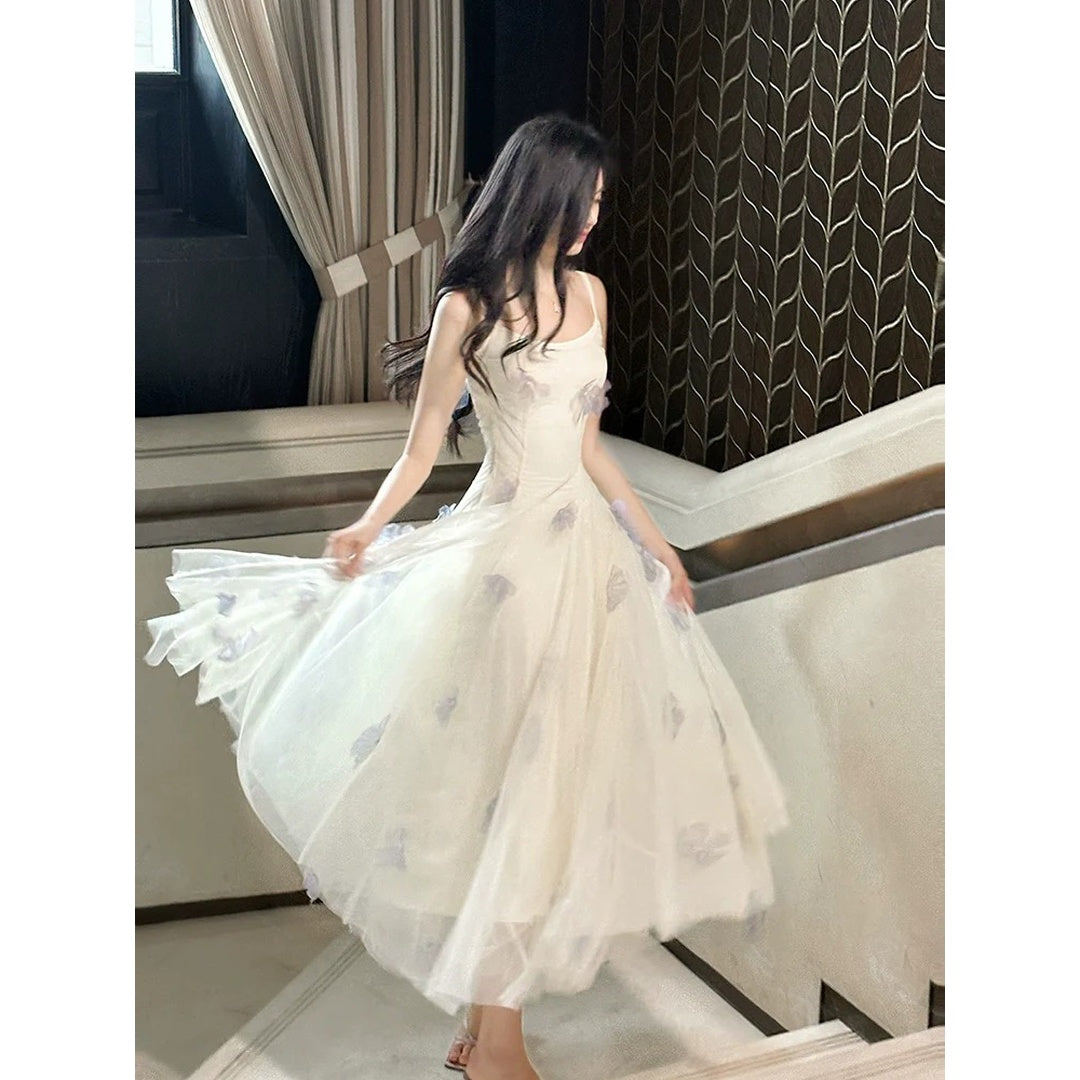 Embroidered Floral Lace Spaghetti Strap Gown Dress