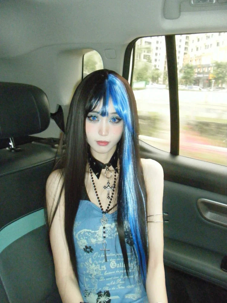 Blue American Vintage Print Halter Fake Two-Piece Y2K Tank Top