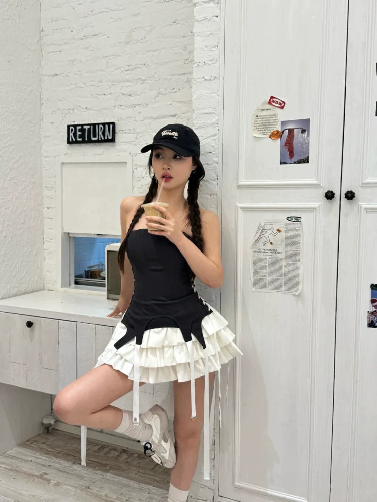 American-Style Tube-Top Sexy Tiered Fake Two-Piece Petite-Friendly Summer Mini Dress