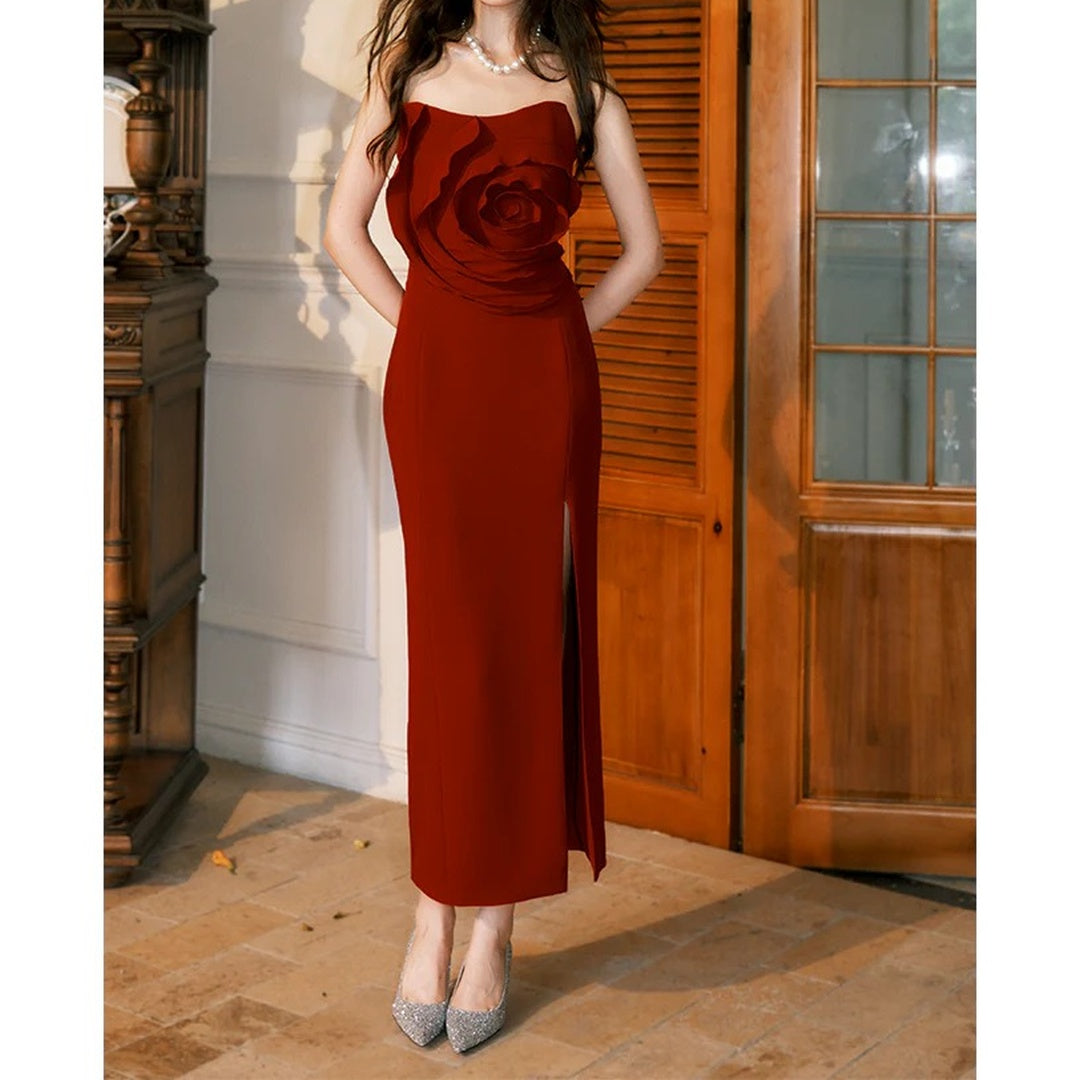 French 3D Rose Bustier Mermaid Red Gown Dress – Engagement Evening Dress