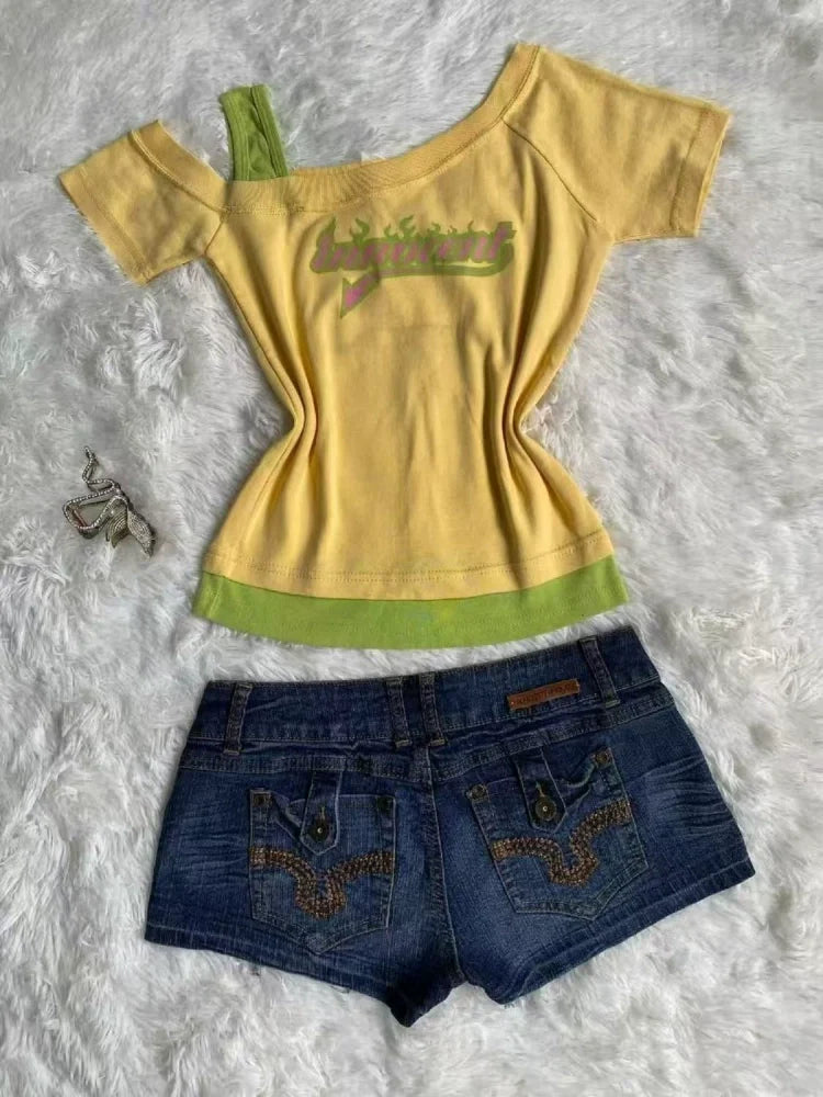 Yellow Subculture Y2K E-girl Abi American Retro Vintage Asymmetrical Print Short Sleeve Top