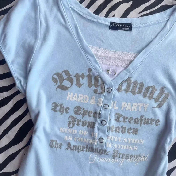 Blue American Vintage V-Neck Lace Letter Button Y2K T-Shirt