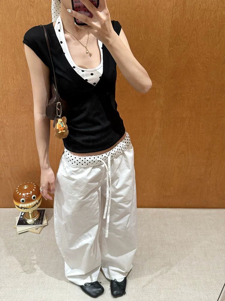 Polka Dot Vest & V-neck Layered Set Subculture Y2K E-girl Light Subculture Retro Matching Set