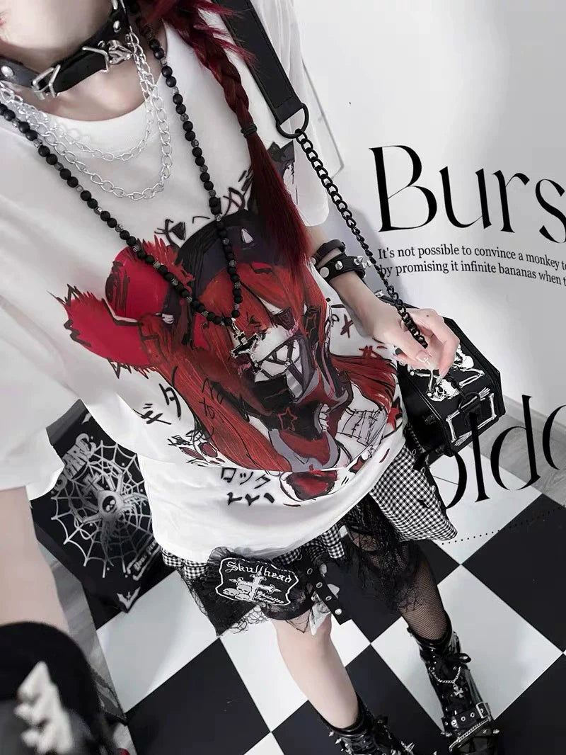 Rock Devil White Tee and Black White Spider Lace Skirt Y2K Two Pieces Sets