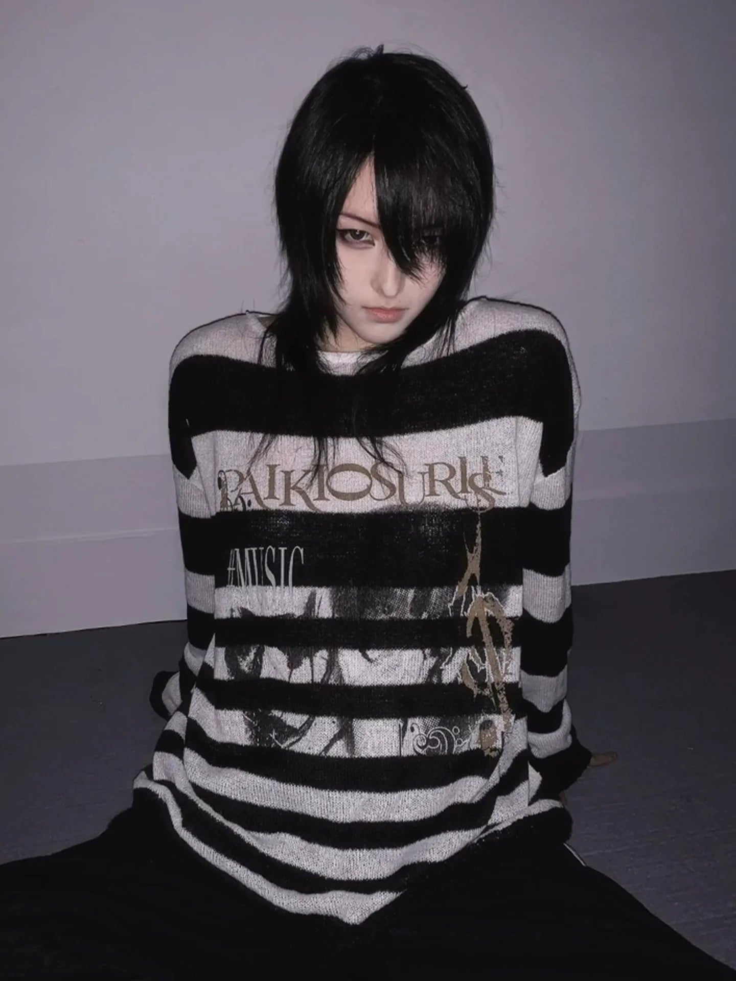Visual Kei Black & White Striped Sweater Autumn-Winter Portrait Print Knit Top