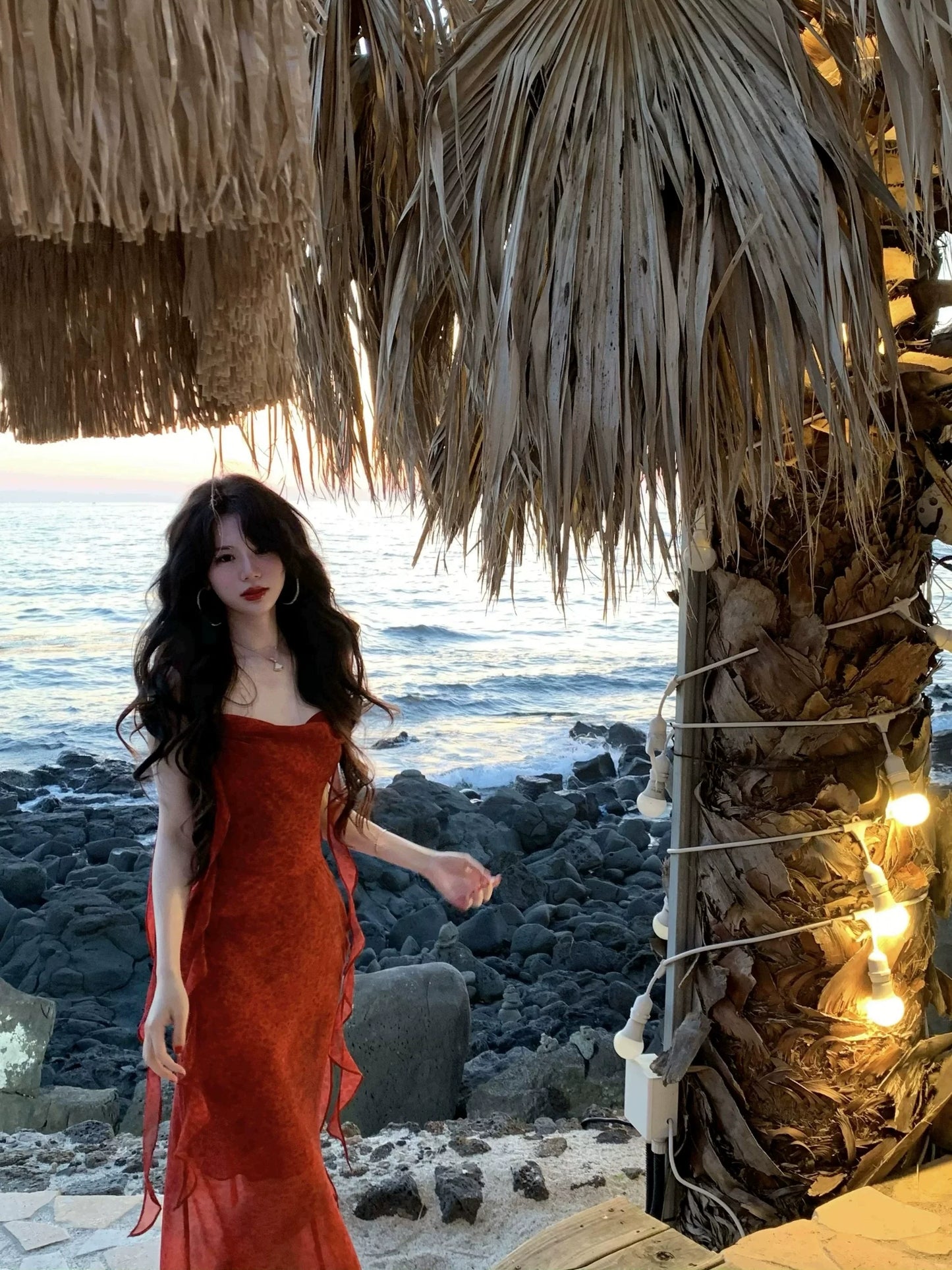 French Red Ombre Backless Slip Dress with Ribbons